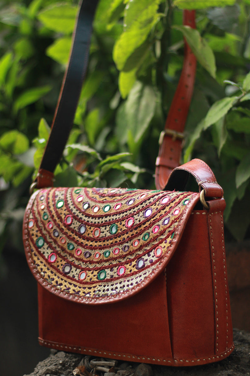 Handcrafted Kutch Leather Bag | Mirrorwork | Brown