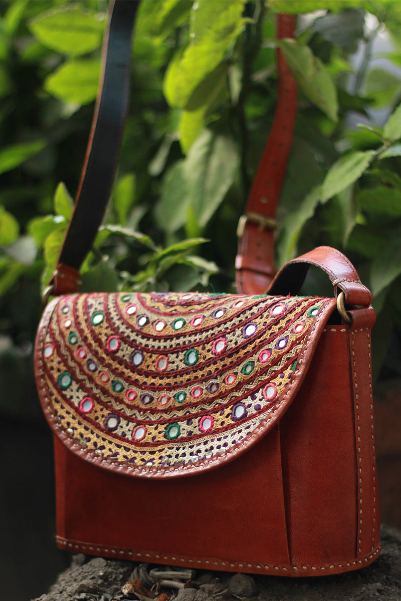 Handcrafted Kutch Leather Bag | Mirrorwork | Brown