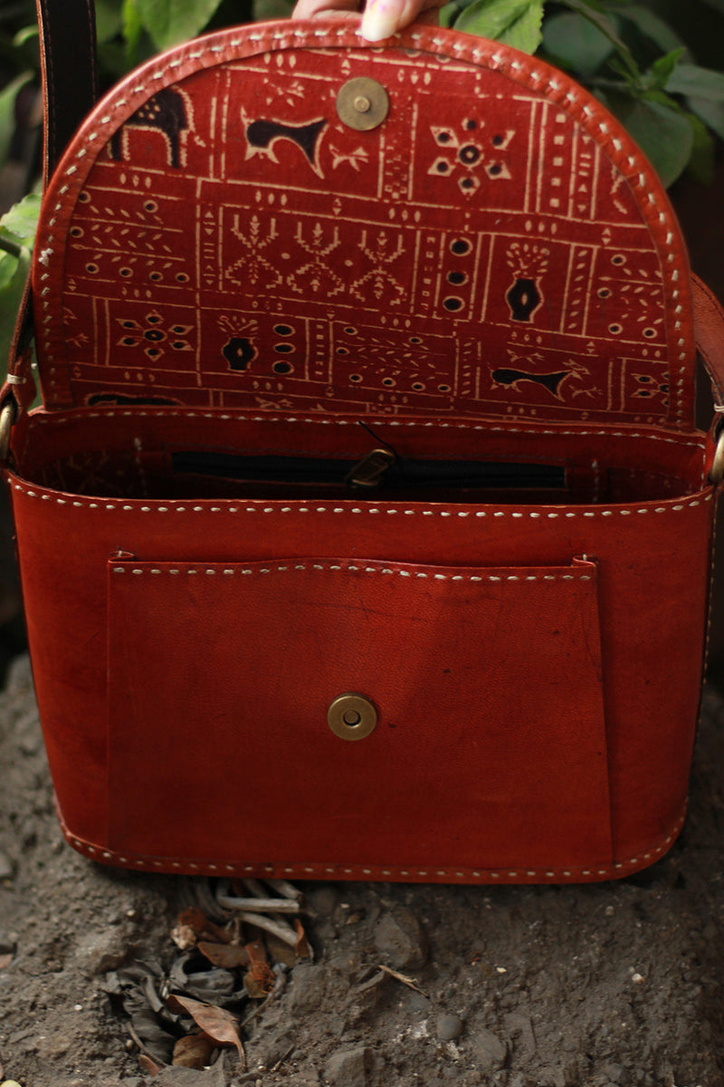 Handcrafted Kutch Leather Bag | Mirrorwork | Brown