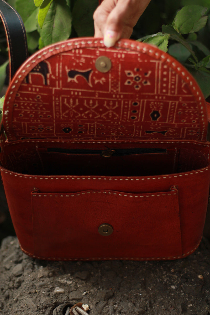 Handcrafted Kutch Leather Bag | Mirrorwork | Brown