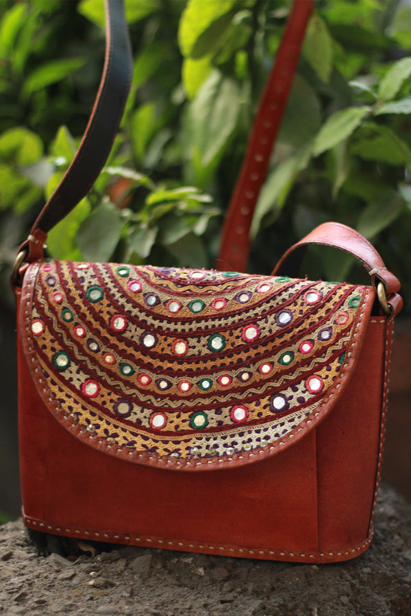Handcrafted Kutch Leather Bag | Mirrorwork | Brown
