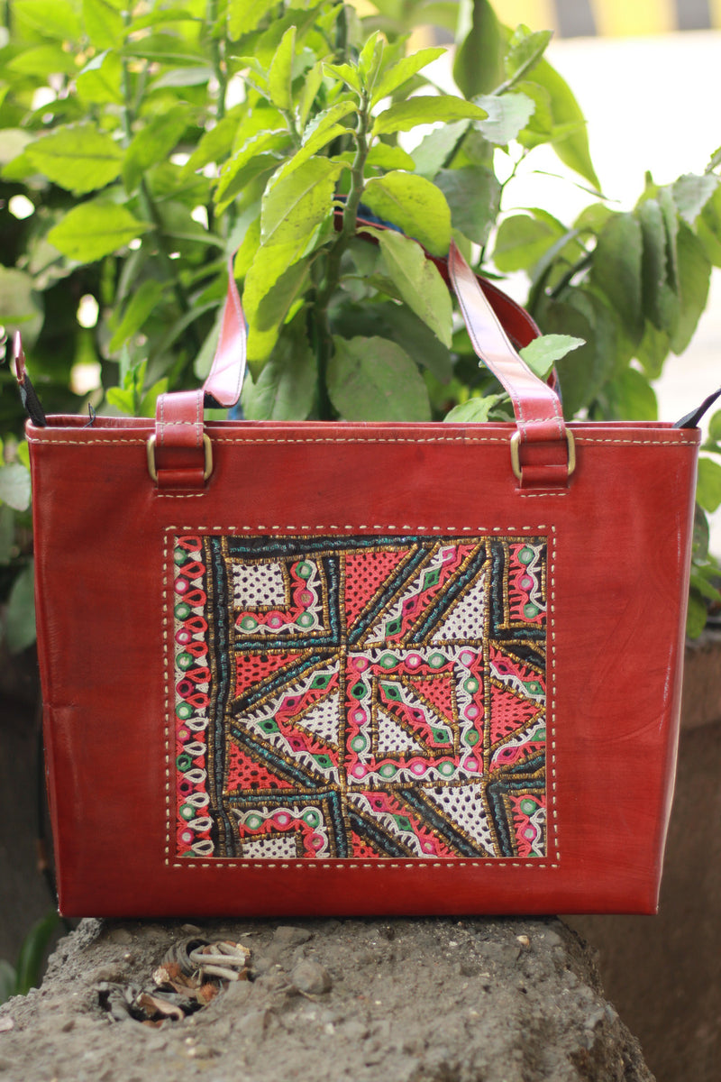 Handcrafted Kutch Leather Bag | Mirrorwork | Brown
