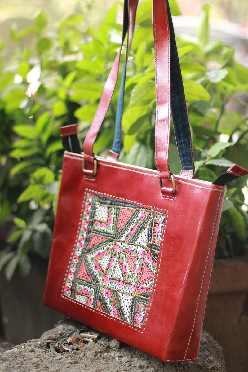 Handcrafted Kutch Leather Bag | Mirrorwork | Brown