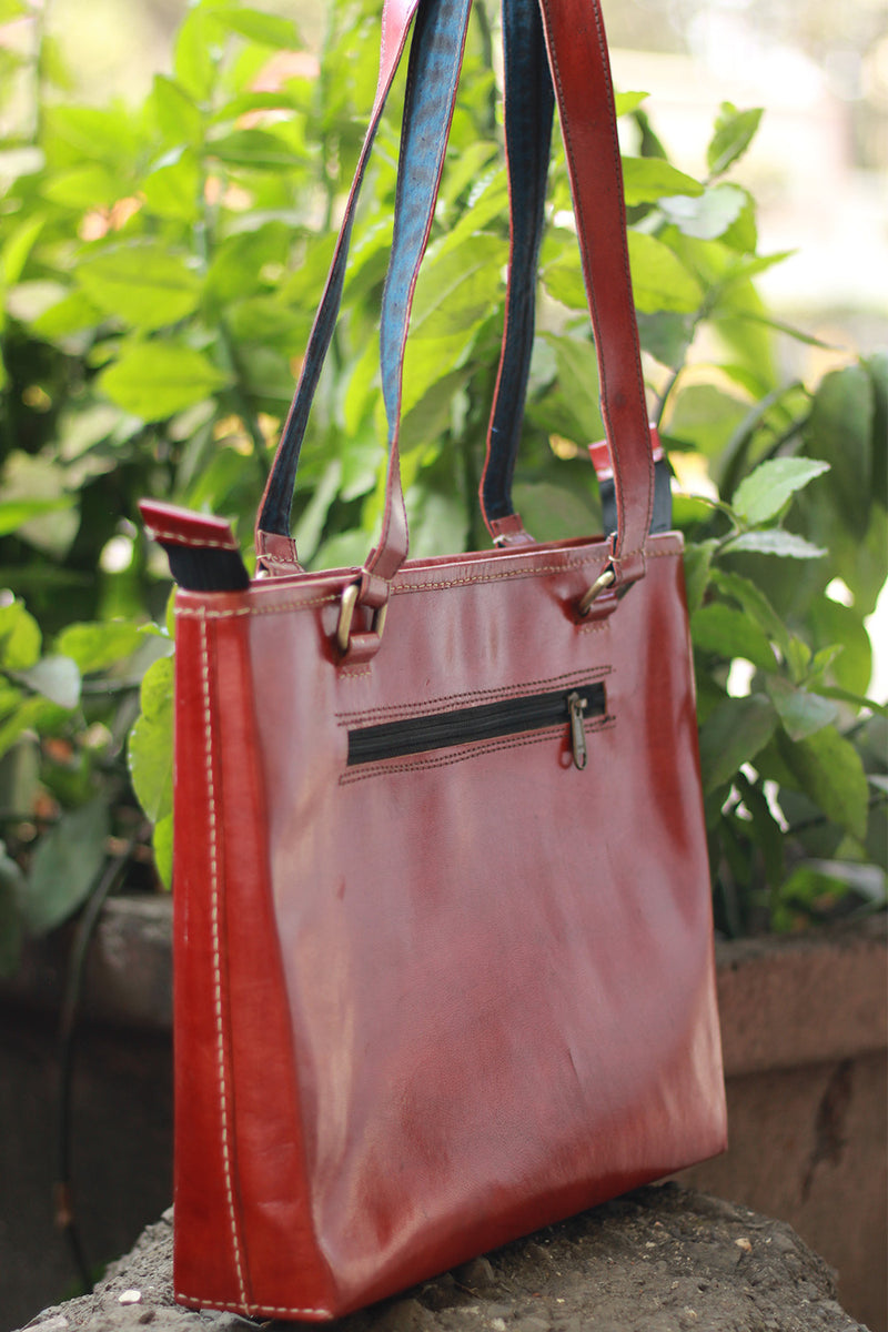 Handcrafted Kutch Leather Bag | Mirrorwork | Brown