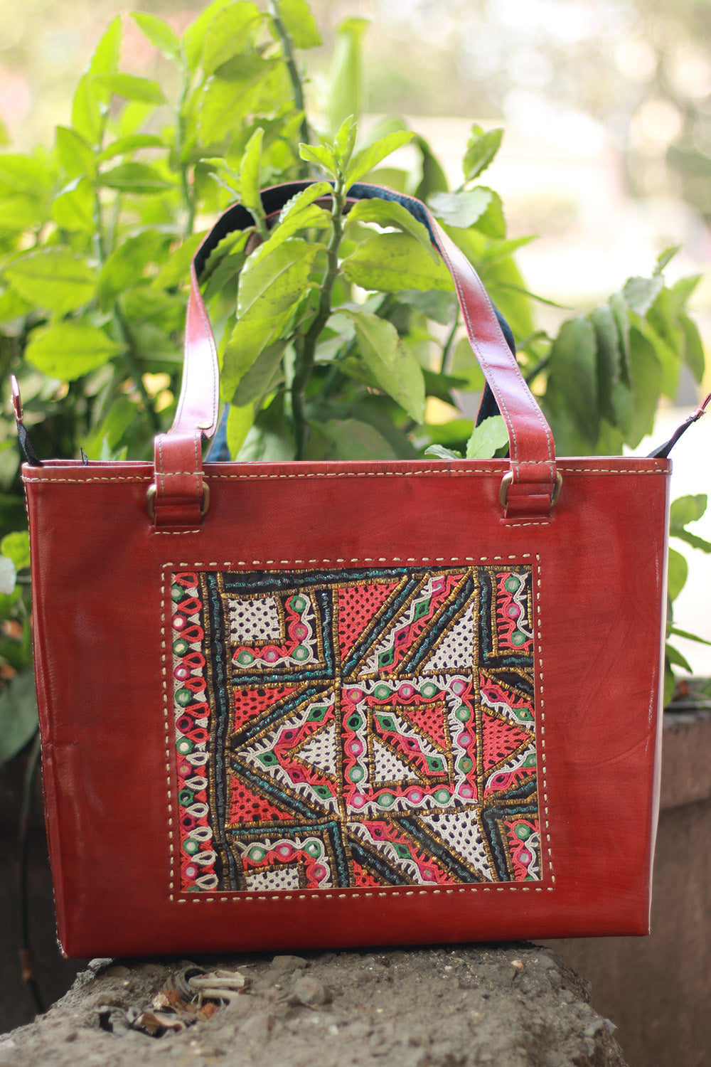 Handcrafted Kutch Leather Bag | Mirrorwork | Brown
