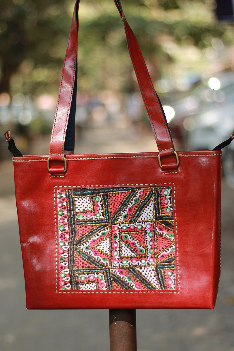 Handcrafted Kutch Leather Bag | Mirrorwork | Brown