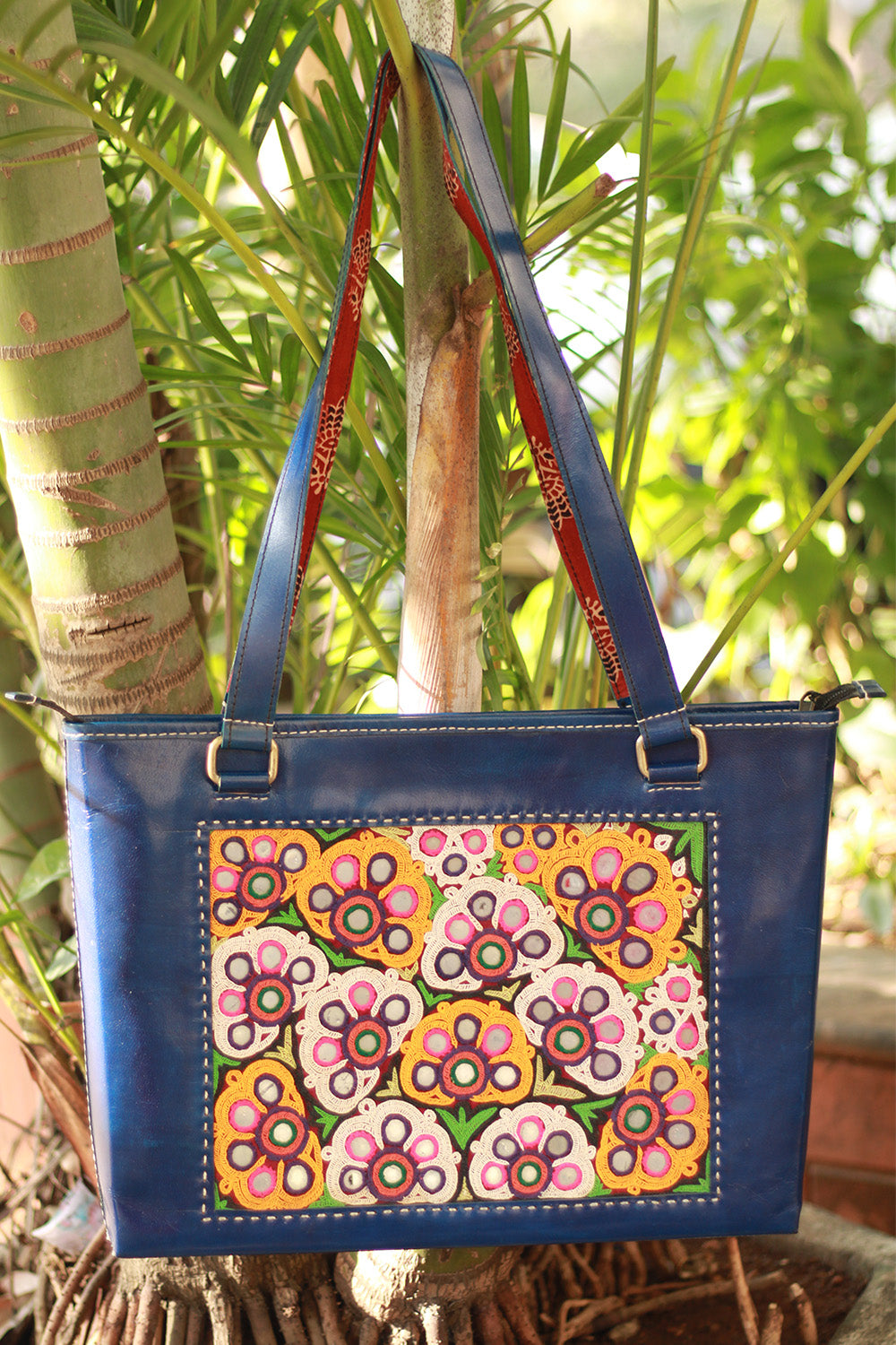 Handcrafted Kutch Leather Bag | Mirrorwork | Blue