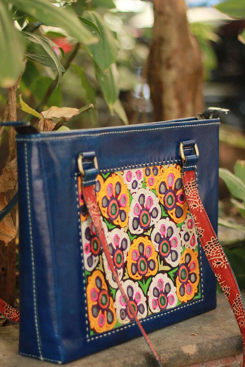 Handcrafted Kutch Leather Bag | Mirrorwork | Blue