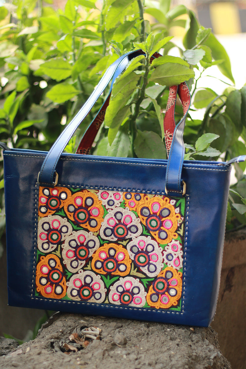 Handcrafted Kutch Leather Bag | Mirrorwork | Blue