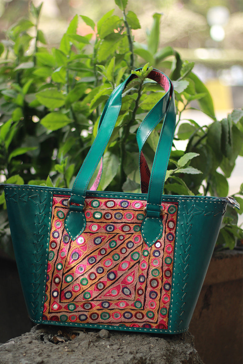 Handcrafted Kutch Leather Bag | Mirrorwork | Teal