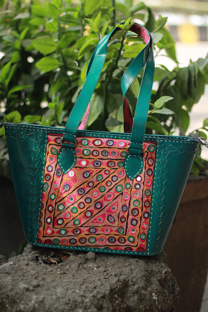 Handcrafted Kutch Leather Bag | Mirrorwork | Teal