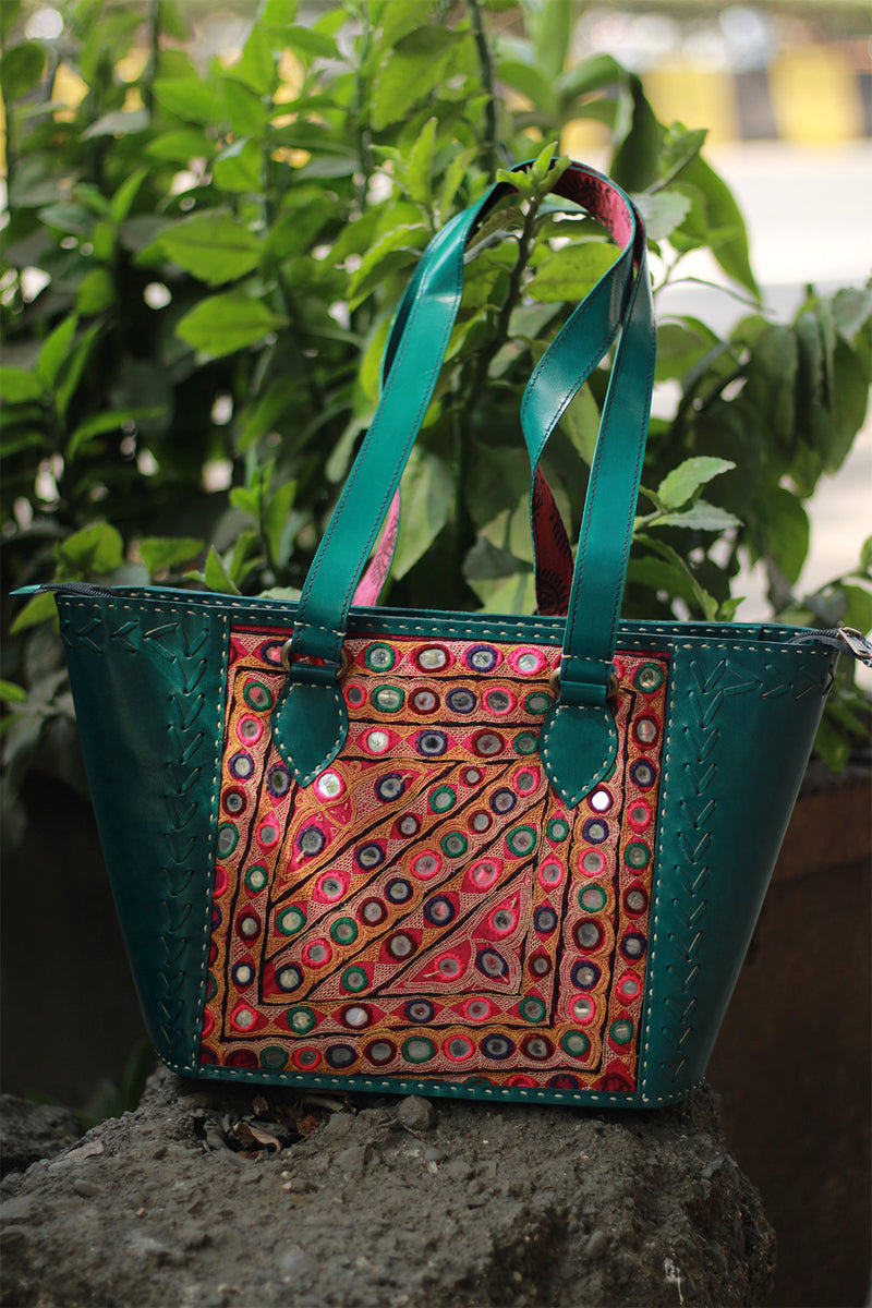 Handcrafted Kutch Leather Bag | Mirrorwork | Teal