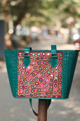 Handcrafted Kutch Leather Bag | Mirrorwork | Teal