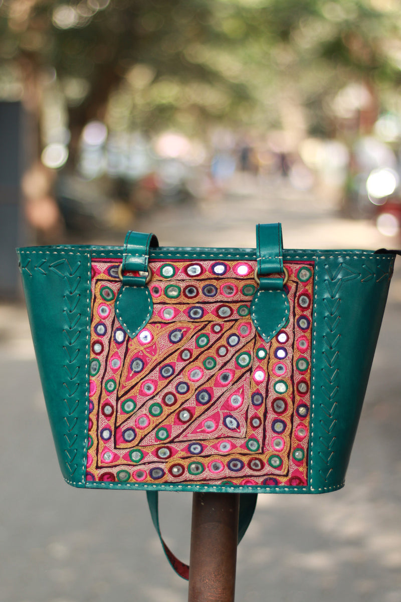 Handcrafted Kutch Leather Bag | Mirrorwork | Teal