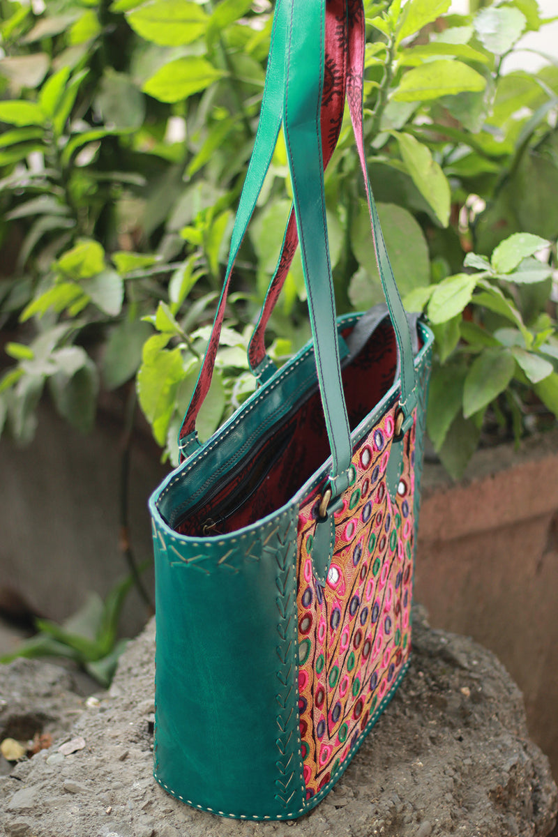 Handcrafted Kutch Leather Bag | Mirrorwork | Teal