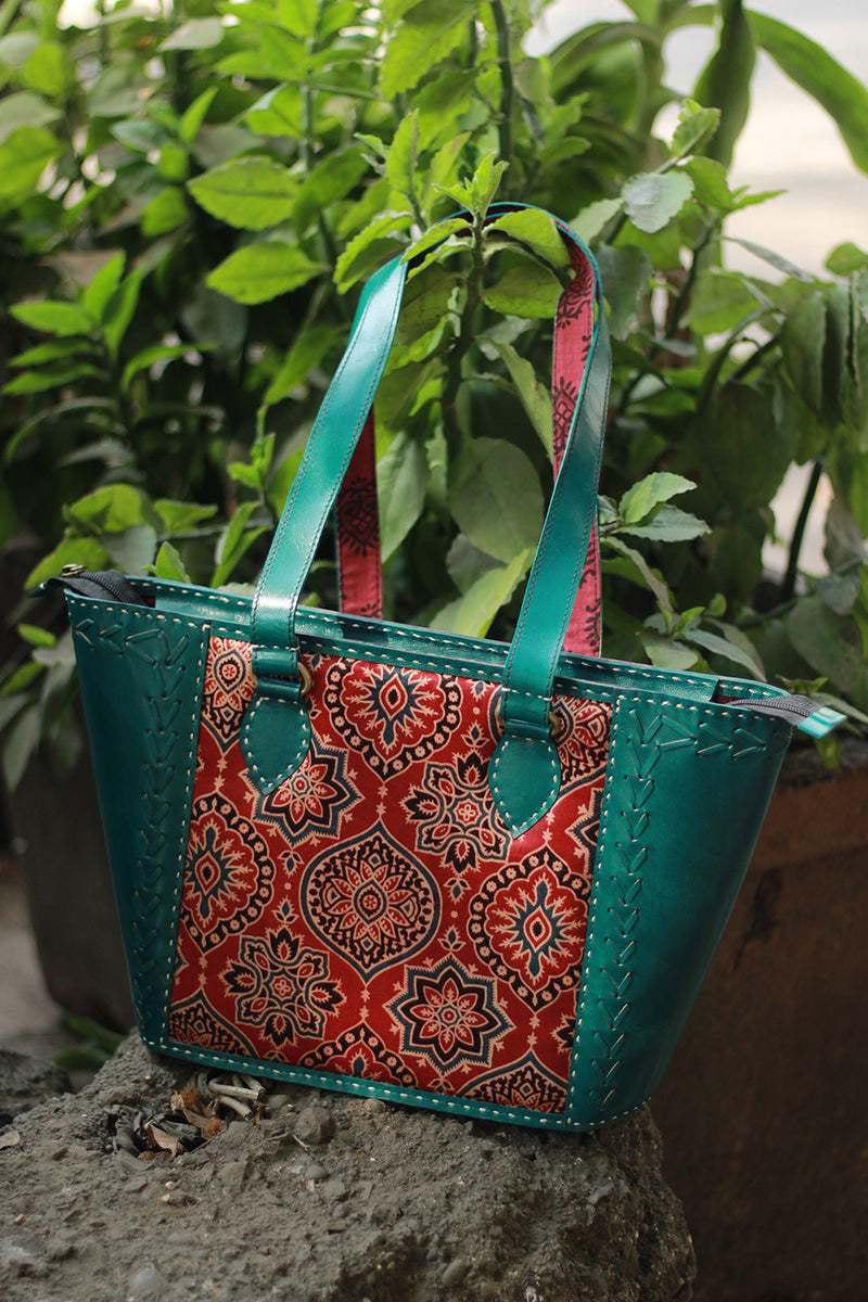 Handcrafted Kutch Leather Bag | Mirrorwork | Teal
