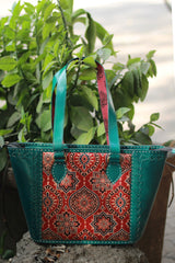 Handcrafted Kutch Leather Bag | Mirrorwork | Teal