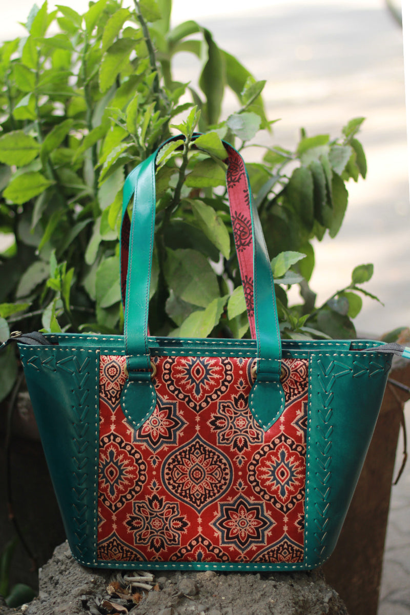 Handcrafted Kutch Leather Bag | Mirrorwork | Teal