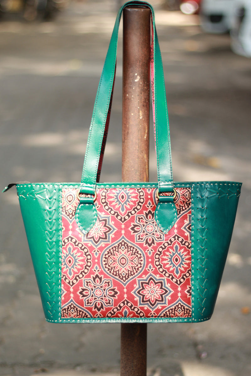 Handcrafted Kutch Leather Bag | Mirrorwork | Teal