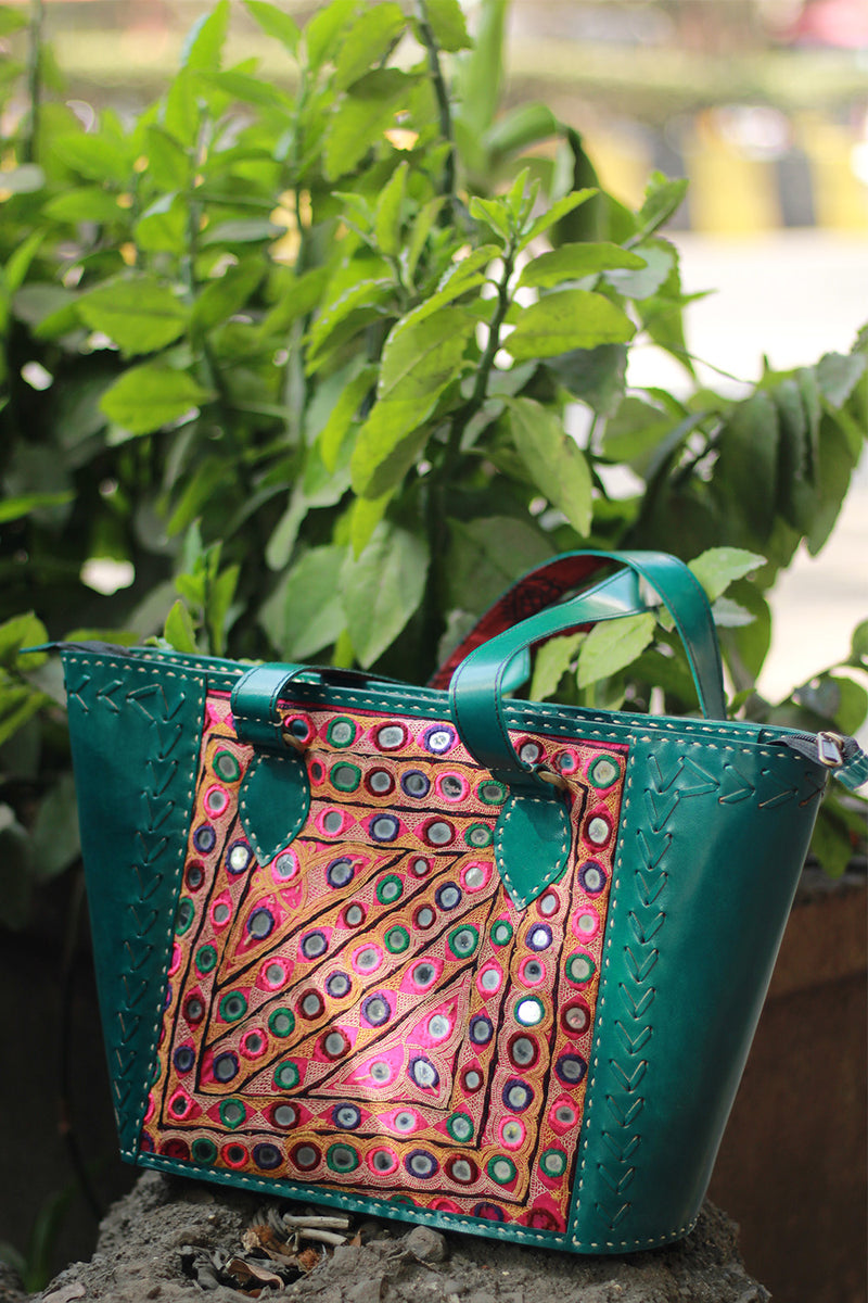 Handcrafted Kutch Leather Bag | Mirrorwork | Teal