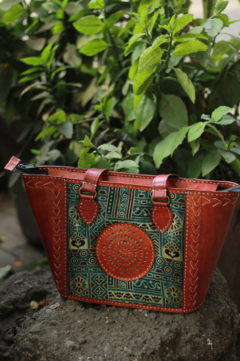 Handcrafted Kutch Leather Bag | Ajrakh