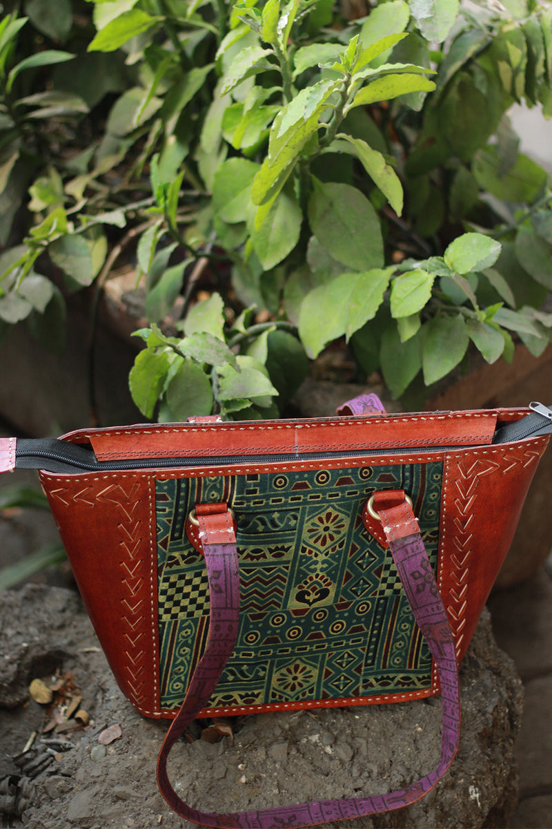 Handcrafted Kutch Leather Bag | Ajrakh