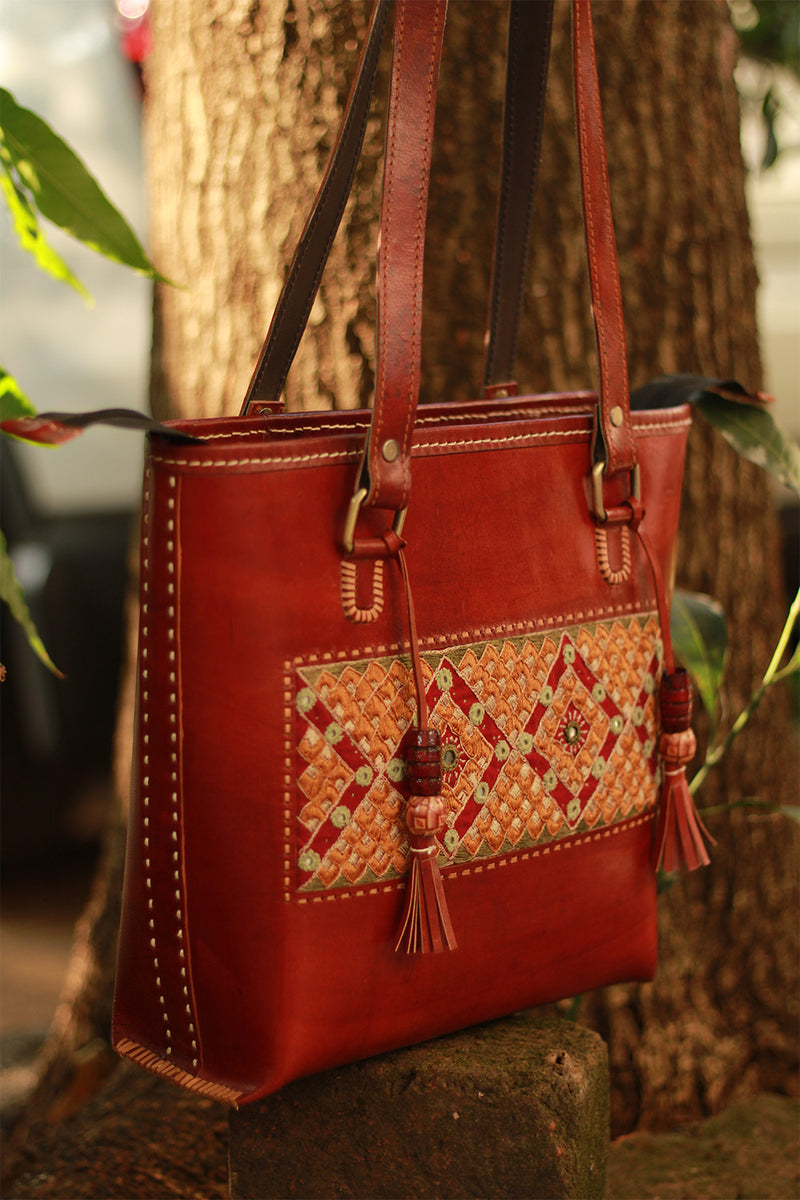 Handcrafted Kutch Leather Bag | Mirrorwork | Brown