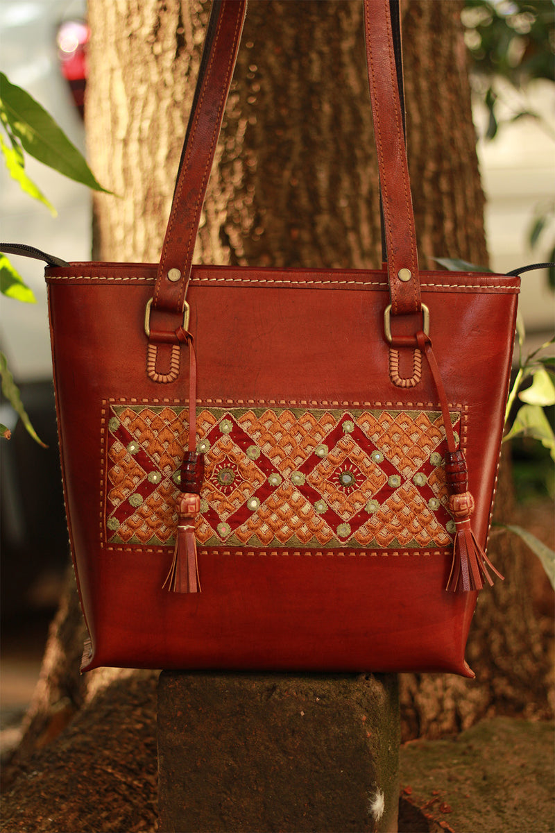 Handcrafted Kutch Leather Bag | Mirrorwork | Brown