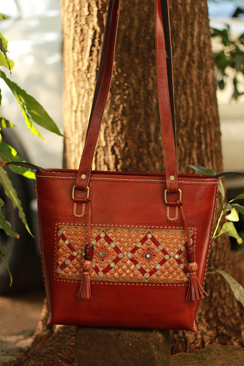 Handcrafted Kutch Leather Bag | Mirrorwork | Brown