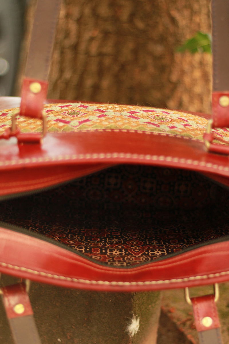 Handcrafted Kutch Leather Bag | Mirrorwork | Brown