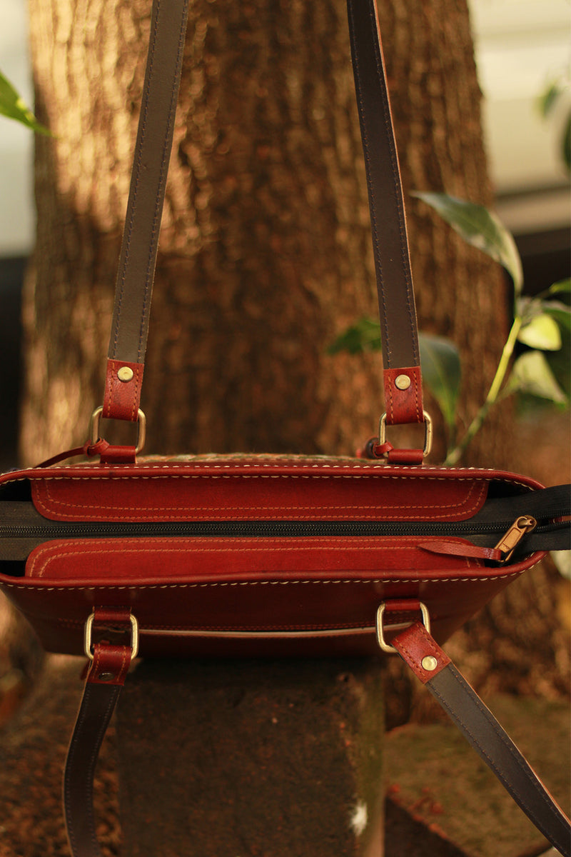 Handcrafted Kutch Leather Bag | Mirrorwork | Brown
