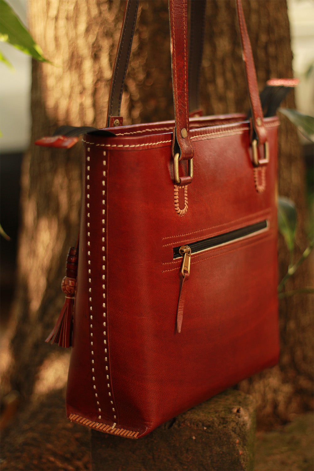 Handcrafted Kutch Leather Bag | Mirrorwork | Brown