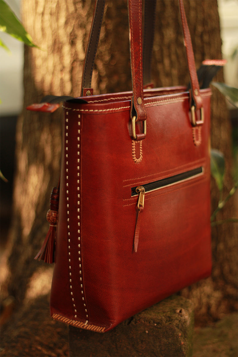 Handcrafted Kutch Leather Bag | Mirrorwork | Brown