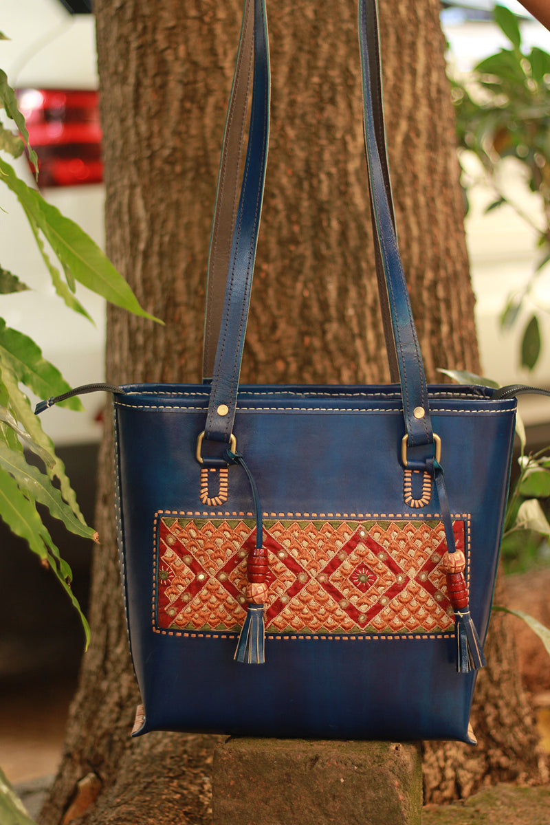 Handcrafted Kutch Leather Bag | Mirrorwork | Blue
