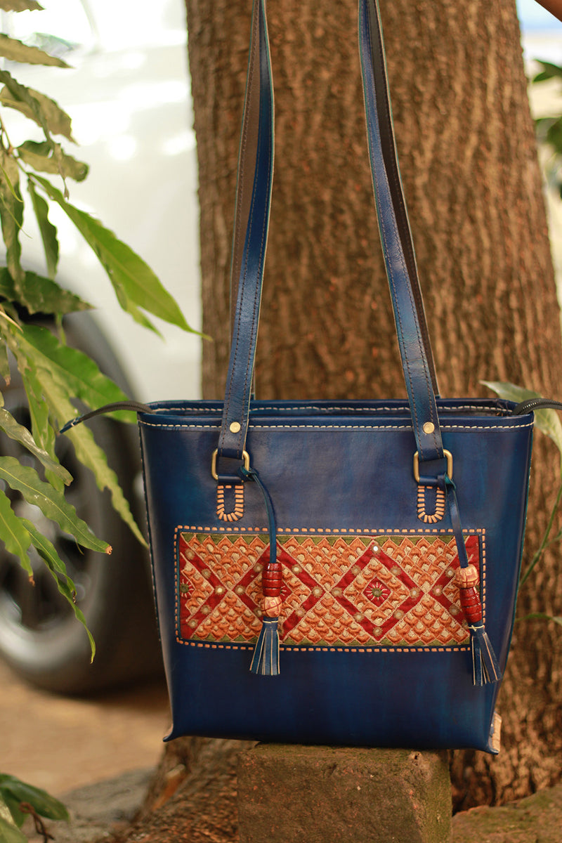 Handcrafted Kutch Leather Bag | Mirrorwork | Blue