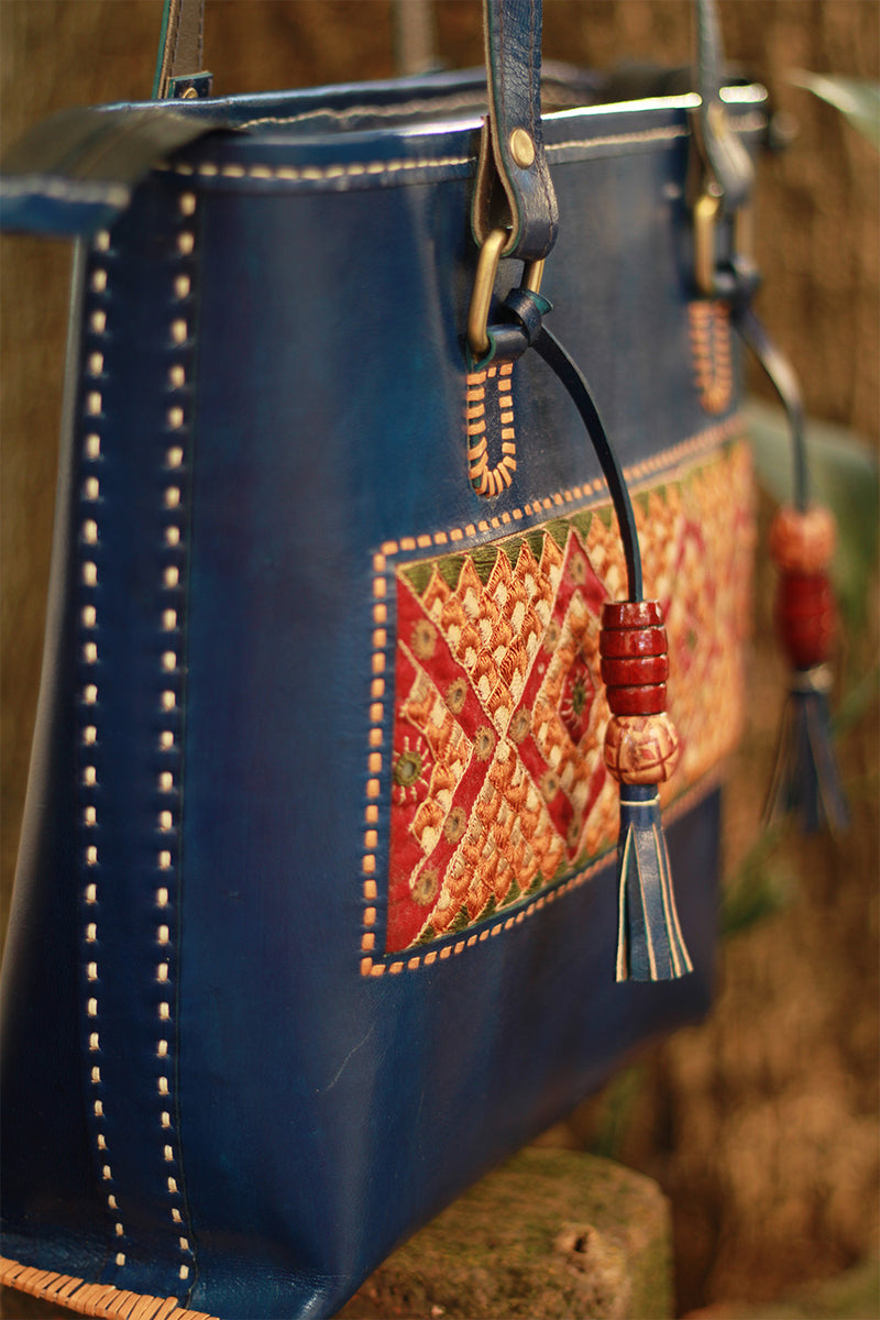 Handcrafted Kutch Leather Bag | Mirrorwork | Blue
