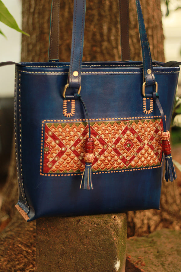 Handcrafted Kutch Leather Bag | Mirrorwork | Blue