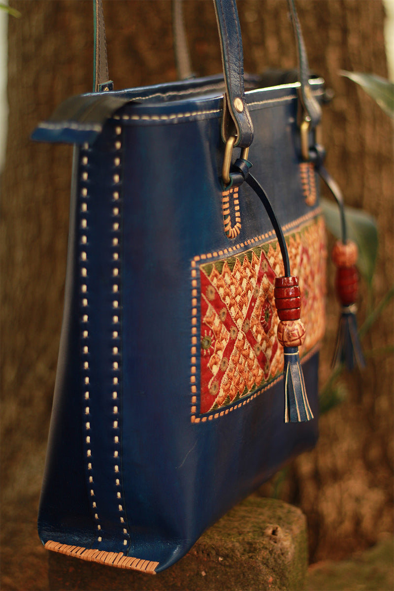 Handcrafted Kutch Leather Bag | Mirrorwork | Blue