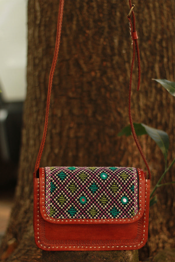 Handcrafted Kutch Leather Bag | Mirrorwork | Brown