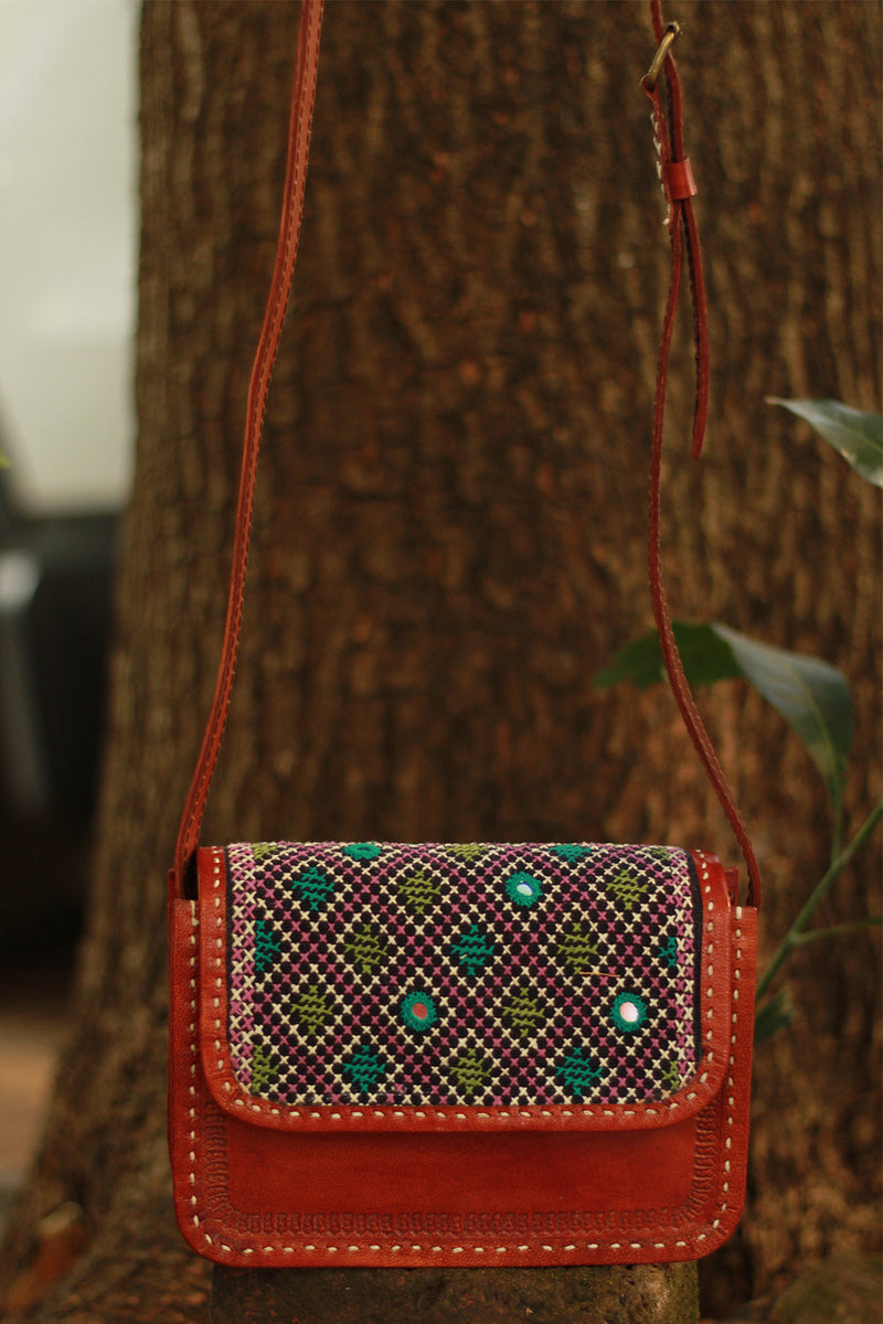 Handcrafted Kutch Leather Bag | Mirrorwork | Brown