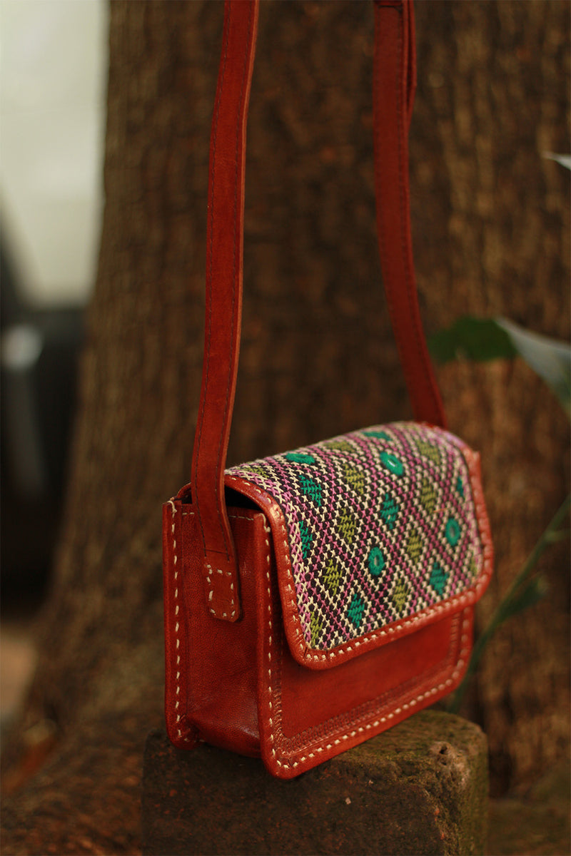 Handcrafted Kutch Leather Bag | Mirrorwork | Brown