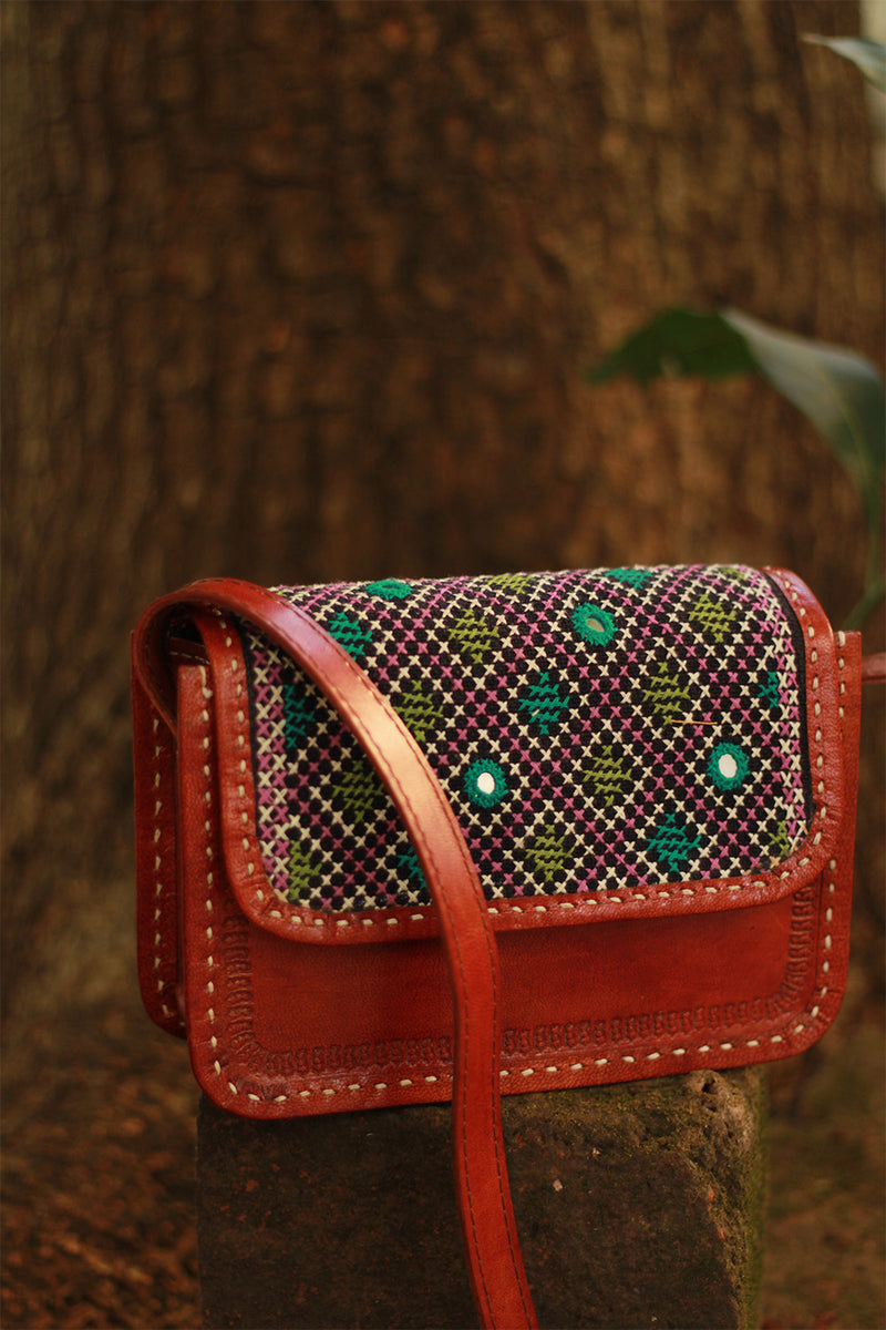 Handcrafted Kutch Leather Bag | Mirrorwork | Brown