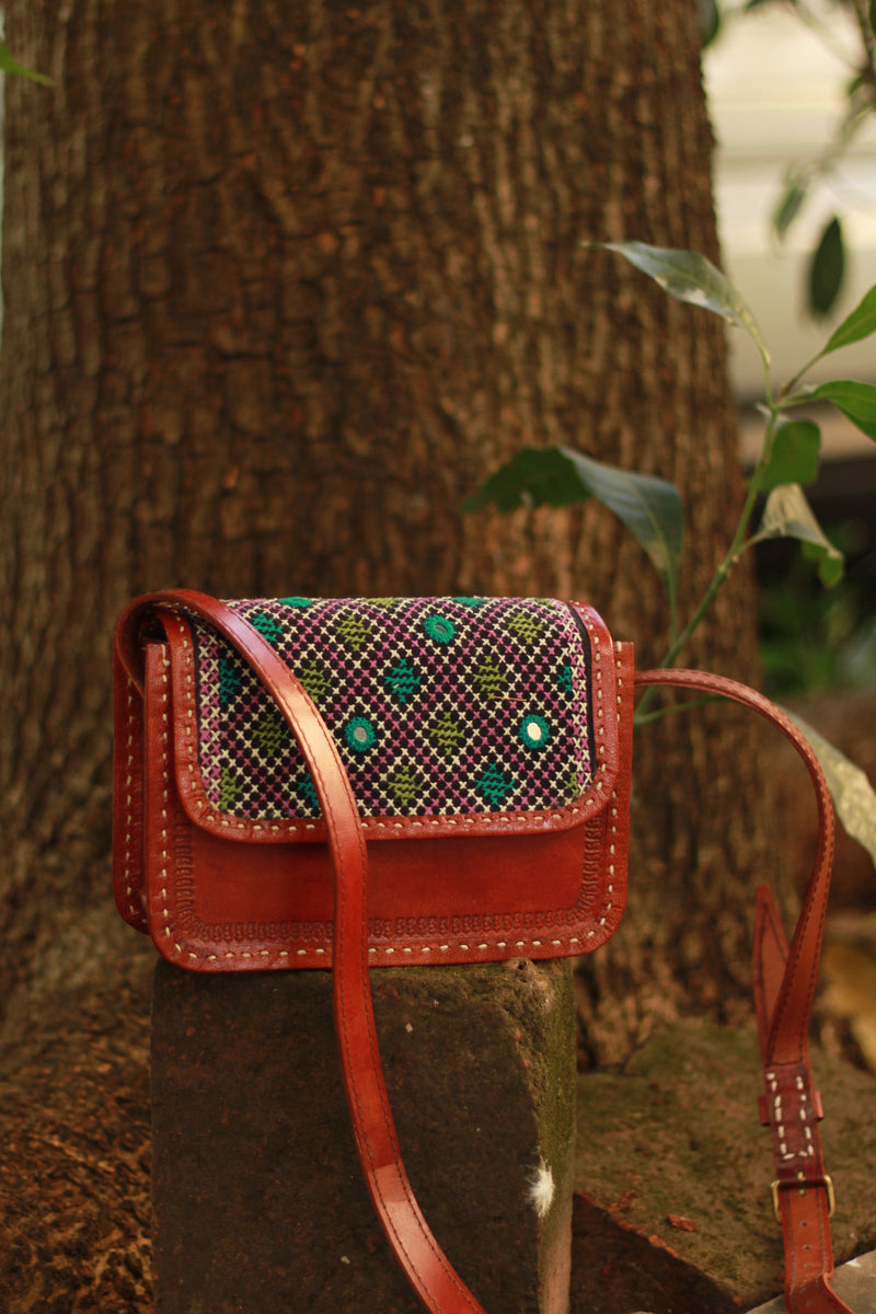 Handcrafted Kutch Leather Bag | Mirrorwork | Brown