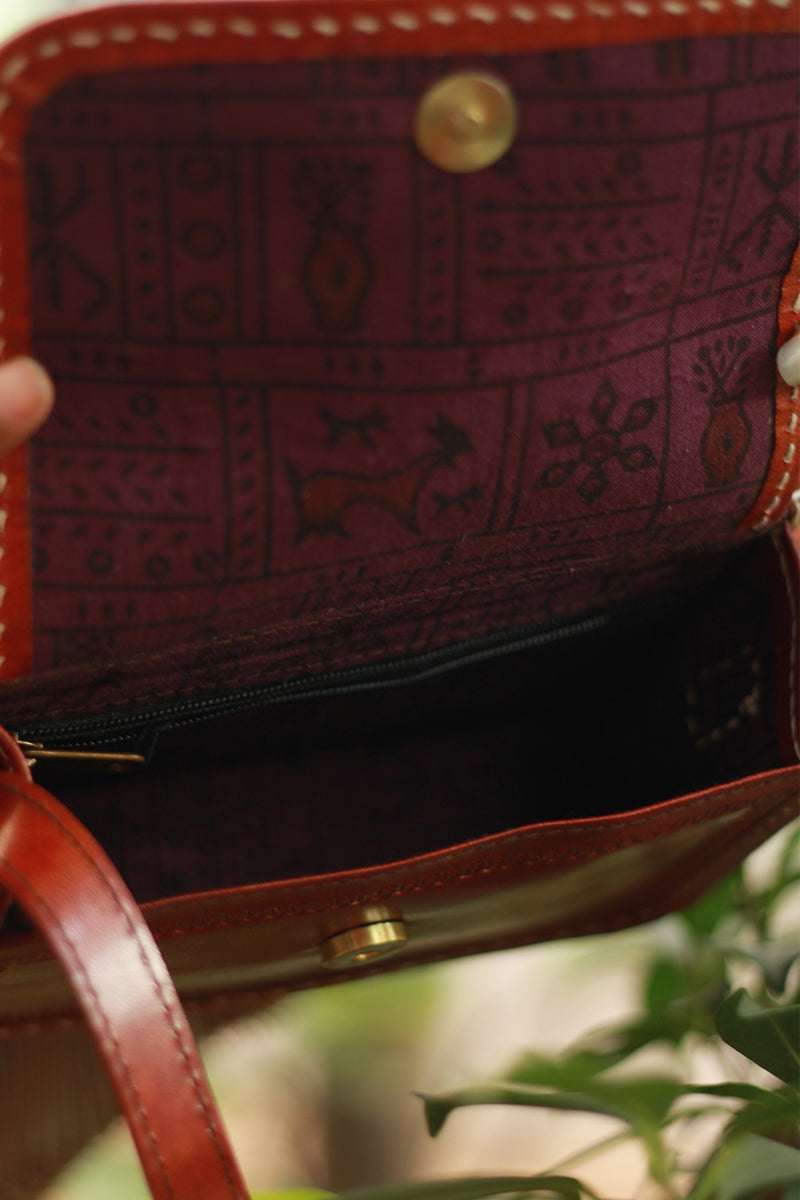Handcrafted Kutch Leather Bag | Mirrorwork | Brown
