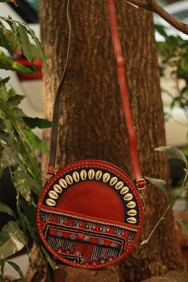 Handcrafted Kutch Leather Bag | Mirrorwork | Brown