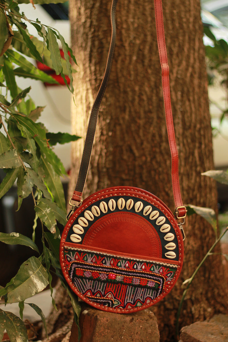 Handcrafted Kutch Leather Bag | Mirrorwork | Brown