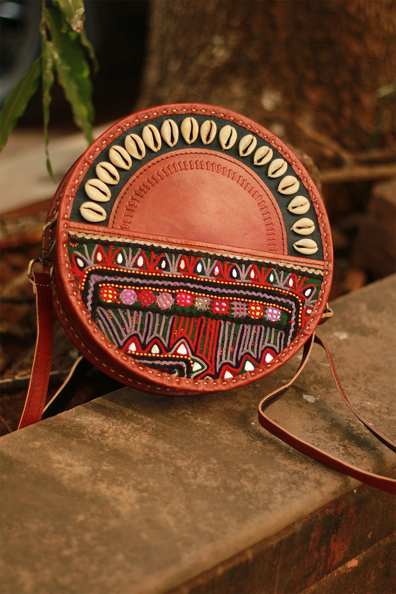 Handcrafted Kutch Leather Bag | Mirrorwork | Brown