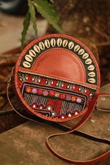 Handcrafted Kutch Leather Bag | Mirrorwork | Brown