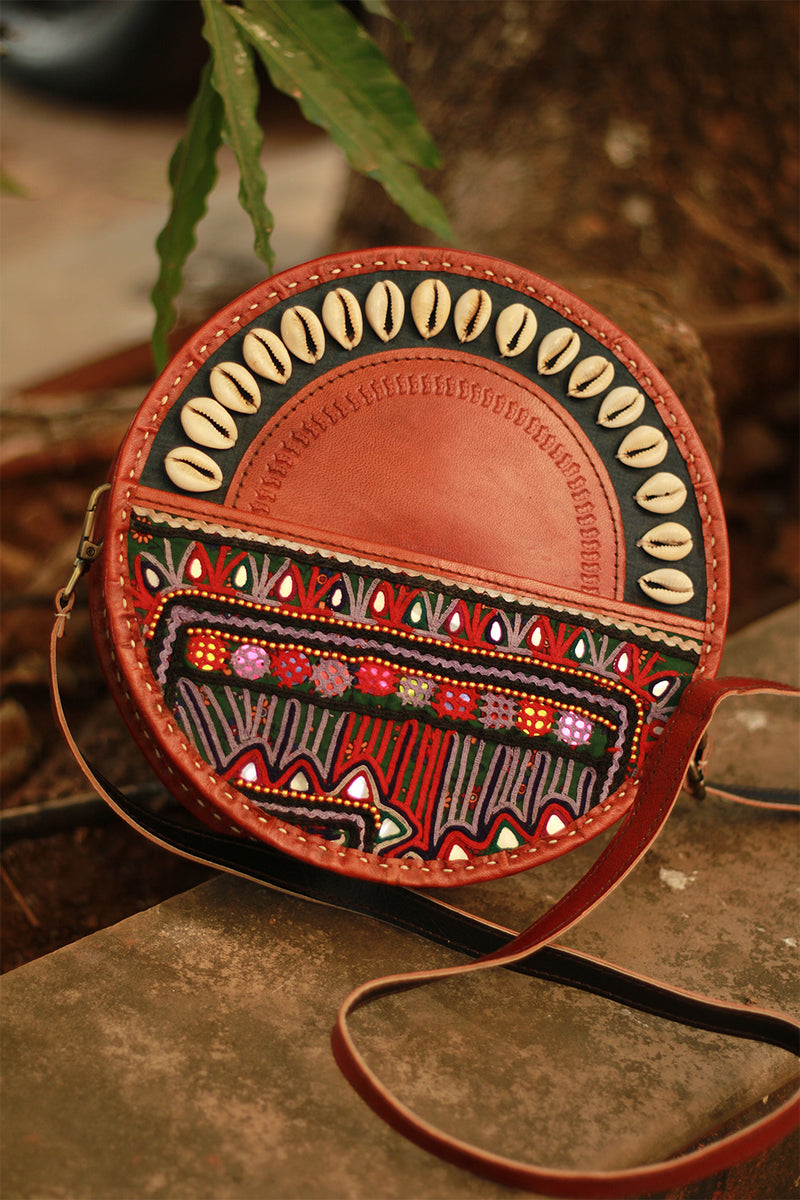 Handcrafted Kutch Leather Bag | Mirrorwork | Brown