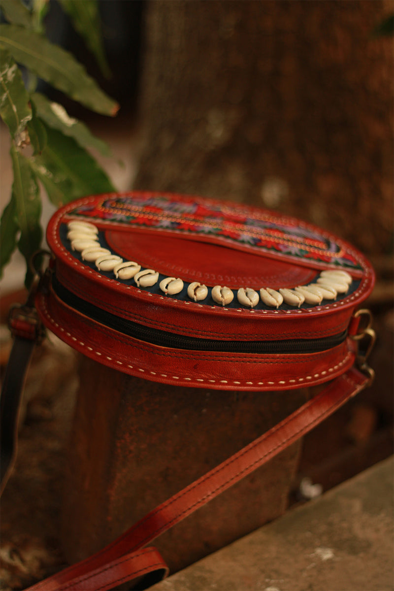 Handcrafted Kutch Leather Bag | Mirrorwork | Brown